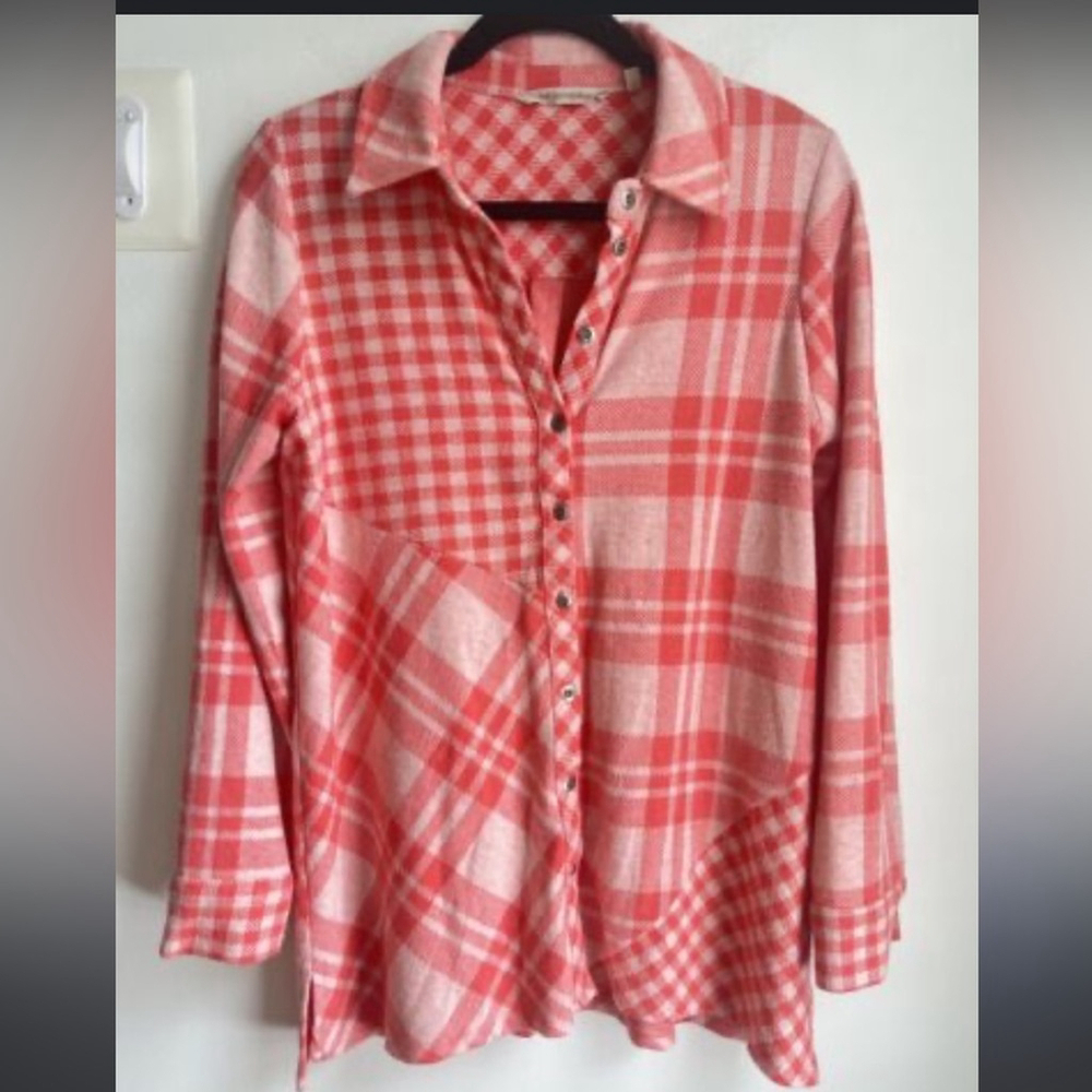 Soft Surroundings Paramour Plaid Flannel Shacket Sweater Button Up Size Medium